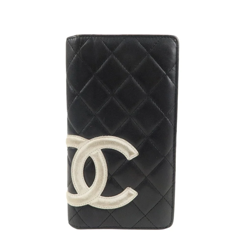 CHANEL Cambon Line Lamb Skin Bi-fold Wallet Black White A26717