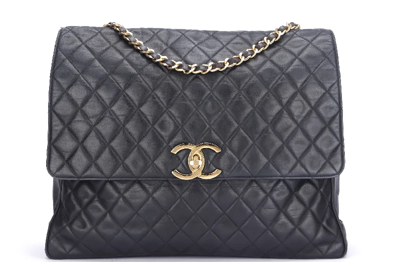 CHANEL VINTAGE BLACK COLOR LAMBSKIN GOLD HARDWARE SHOULDER BAG (152xxxx) WIDTH 40CM, WITH DUST COVER, NO CARD