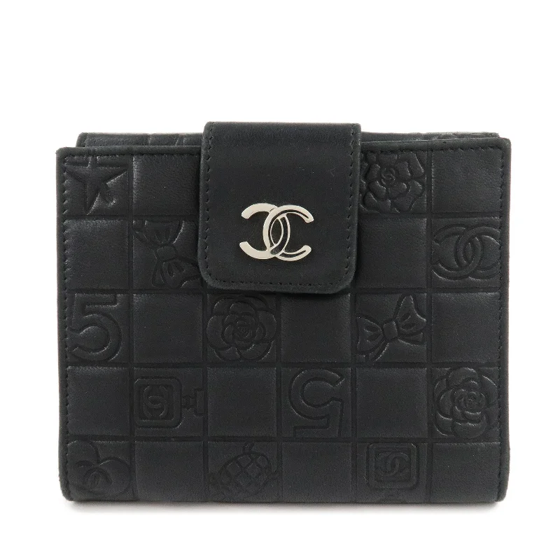 CHANEL Icon Line Lamb Skin W Flap Bi-fold Wallet Black A24212