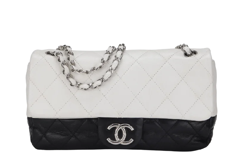 CHANEL CLASSIC FLAP BICOLOR (1267xxxx) MEDIUM BLACK & WHITE LAMBSKIN SILVER HARDWARE, NO CARD & DUST COVER