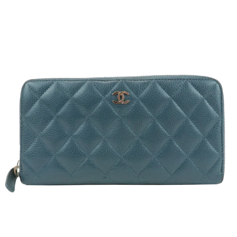 CHANEL Matelasse Caviar Skin Round Zippy Long Wallet Blue A50097