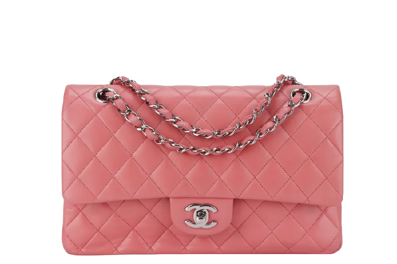 CHANEL FLAP MEDIUM (1632xxxx) PINK LAMBSKIN LEATHER SILVER HARDWARE WITH CARD, DUST COVER AND BOX