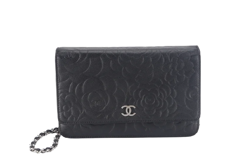 CHANEL CAMELLIA W.O.C (1609xxxx) BLACK EMBOSSED LAMBSKIN SILVER HARDWARE  WITH CARD AND BOX