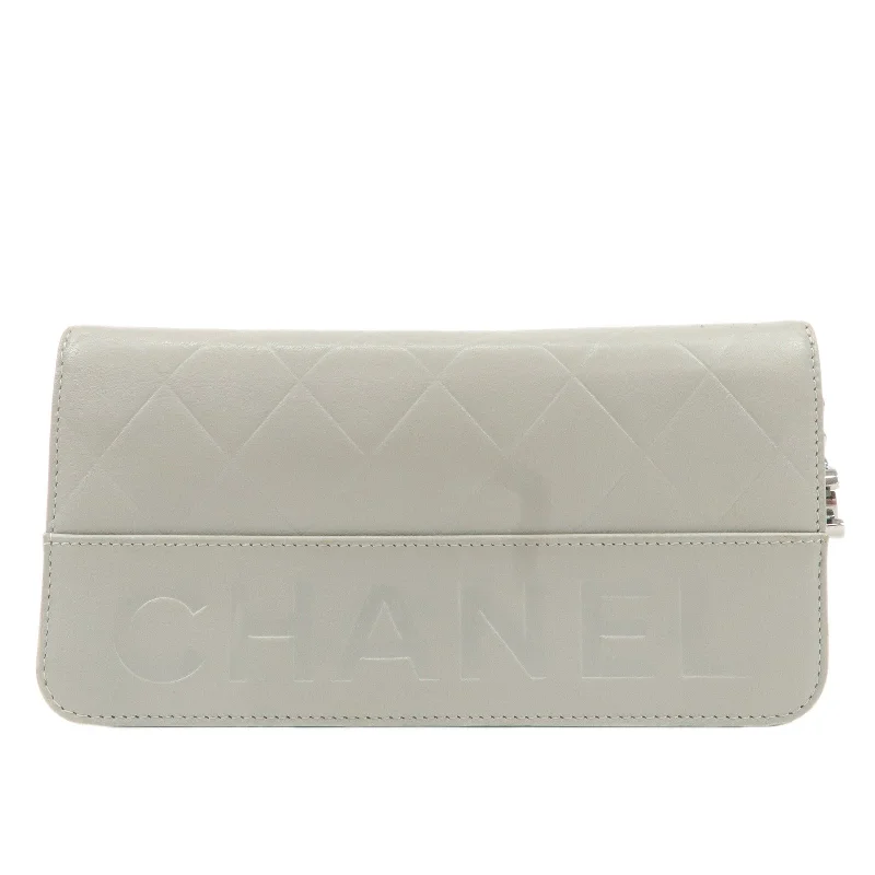 CHANEL Leather Round Zipper Long Wallet Gray Silver HDW A30071