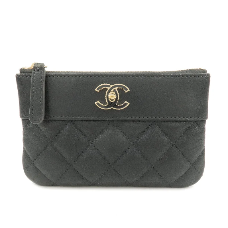 CHANEL Matelasse Lamb Skin Coco Mark Pouch Black Gold