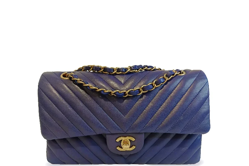 CHANEL CLASSIC DOUBLE FLAP (2122xxxx) MEDIUM BLUE CHEVRON LAMBSKIN GOLD HARDWARE, WITH CARD, NO DUST COVER