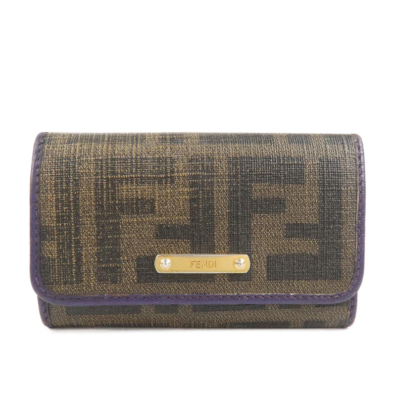 FENDI Zucca Canvas Leather 6 Rings Key Case Khaki Purple 8AP079