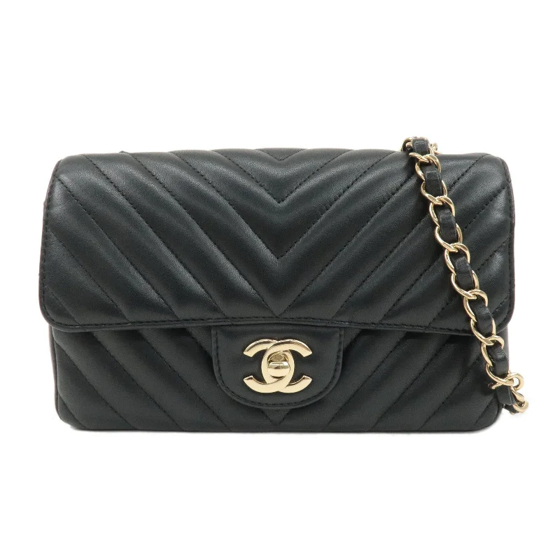 CHANEL V Stitch Lamb Skin 2Way Chain Shoulder Bag Black Gold