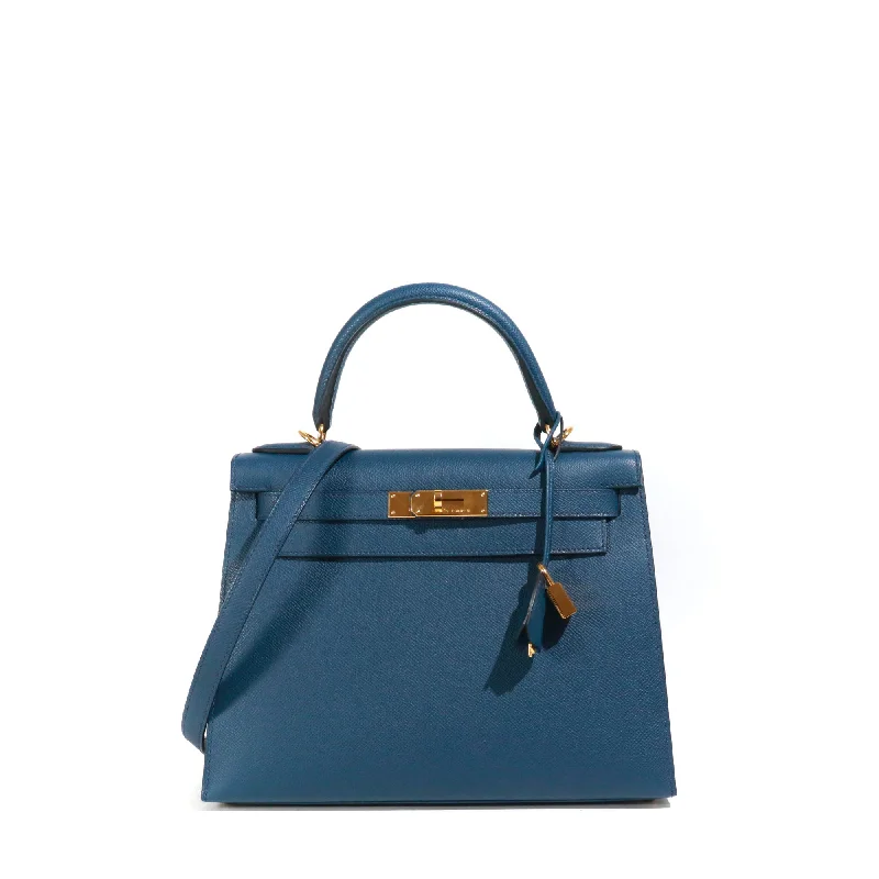 HERMÈS - Sac à main Kelly 28 Hermès Sellier en cuir Epsom Bleu de Prusse