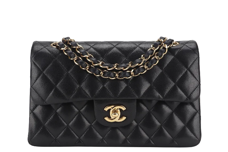 CHANEL CLASSIC FLAP SMALL BLACK LAMBSKIN & GOLD HARDWARE WITH CARD (1547xxxx) WITH DUST COVER AND BOX