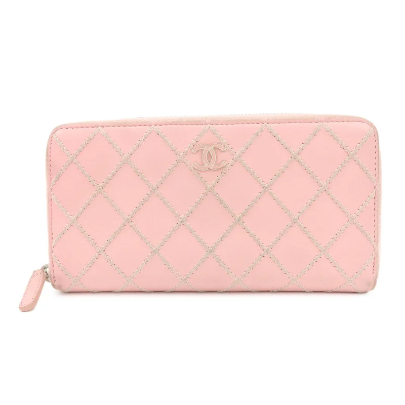 CHANEL Wild Stitch Lamb Skin Round Zipper Long Wallet A80143