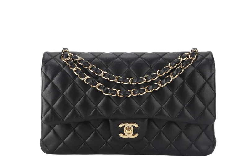 CHANEL CLASSIC FLAP MEDIUM BLACK LAMBSKIN GOLD HARDWARE WITH CARD (3040xxxx) WITH DUST COVER  AND BOX