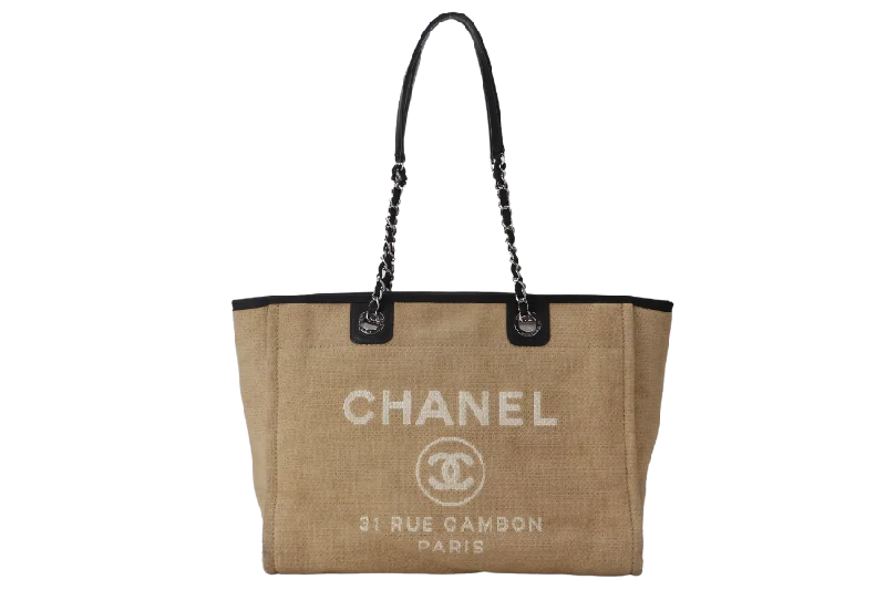 CHANEL DEAUVILLE MEDIUM BROWN CANVAS TOTE BAG SILVER HARDWARE (1609xxxx) WITH CARD NO DUST COVER