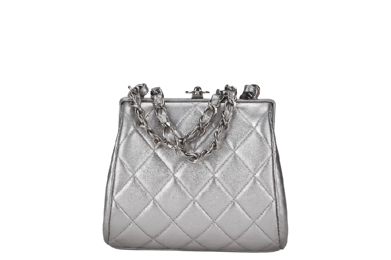 CHANEL VINTAGE TIMELESS FRAME BAG MINI QUILTED SILVER METALLIC LAMBSKIN SILVER HARDWARE (458xxxx)