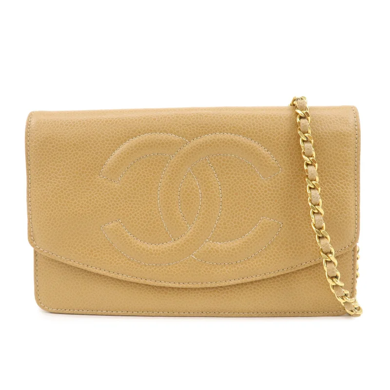 CHANEL Caviar Skin Coco Mark Chain Wallet Beige Gold HDW