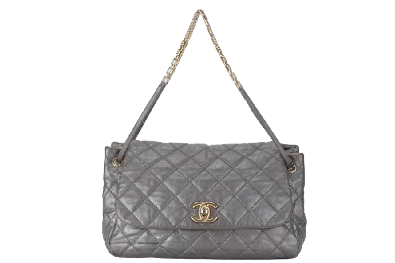 CHANEL RETRO CHAIN ACCORDIAN FLAP LARGE GREY LAMBSKIN LEATHER GOLD HARDWARE (1446xxxx) WITH DUST COVER