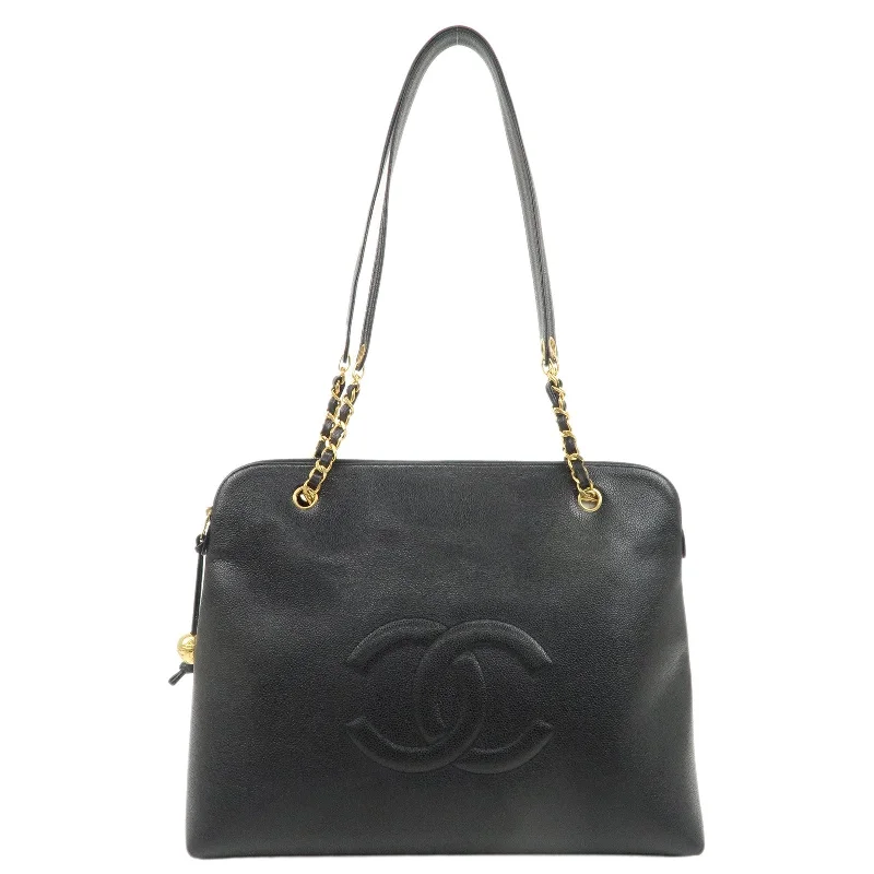 CHANEL Caviar Skin Chain Tote Bag Shoulder Bag Black Gold A03578