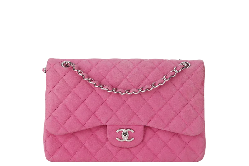 CHANEL CLASSIC DOUBLE FLAP BAG JUMBO FUSCHIA SUEDE CAVIAR SILVER HARDWARE (1803xxxx) NO DUST COVER