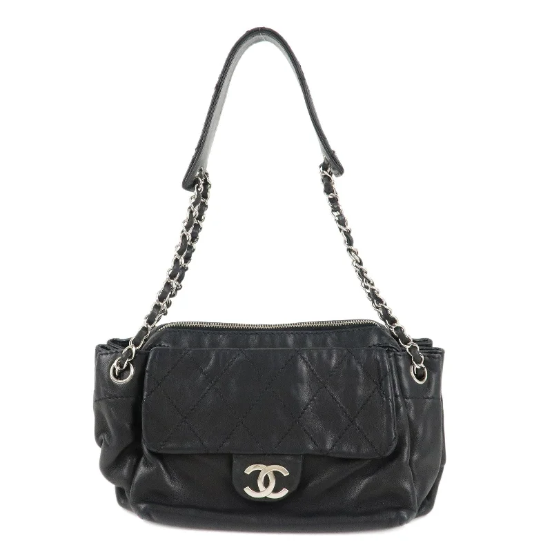 CHANEL Matelasse LambSkin Chain Shoulder Bag Black Silver Hardware