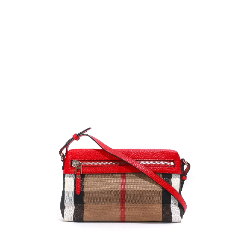 BURBERRY - Sac à bandoulière Farley en toile et cuir rouge