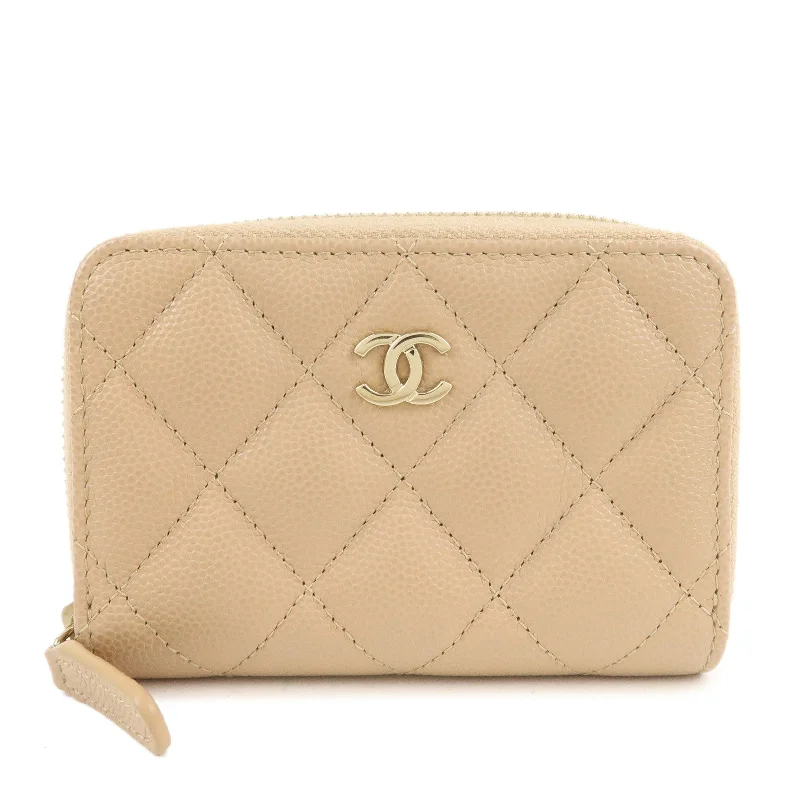 CHANEL Matelasse Caviar Skin Round Zipper Coin Case Beige AP0216