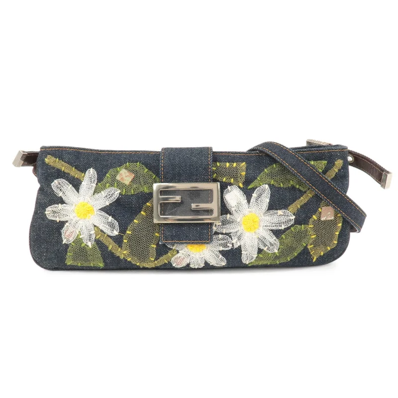 FENDI Denim Leather Shoulder Bag Flower Blue 26685