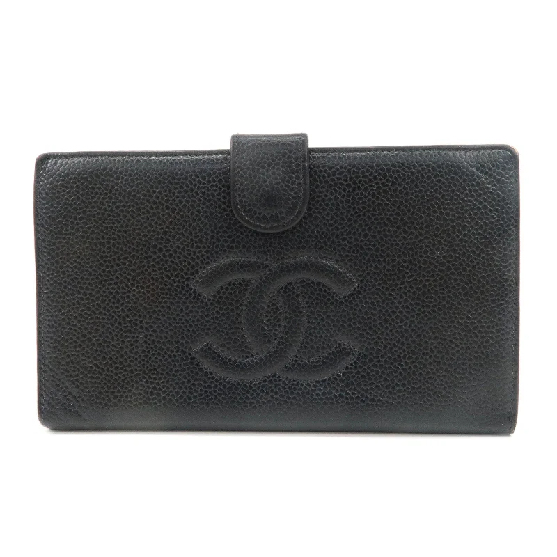 CHANEL Caviar Skin Purse Kiss Lock Long Wallet Black