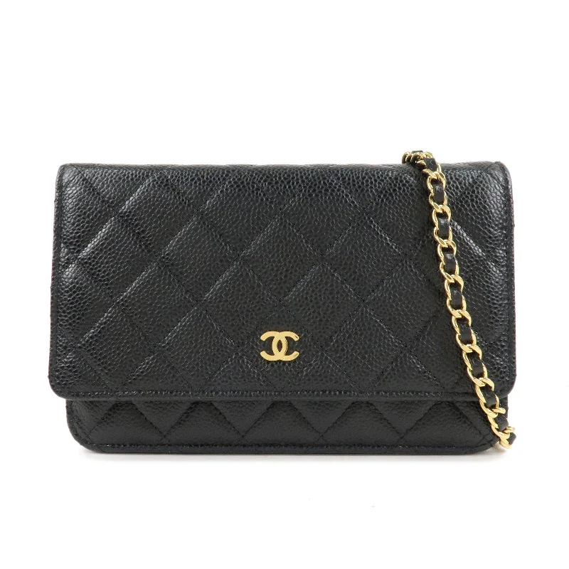 CHANEL Caviar Skin Chain Wallet Purse Black Shoulder Bag AP0250