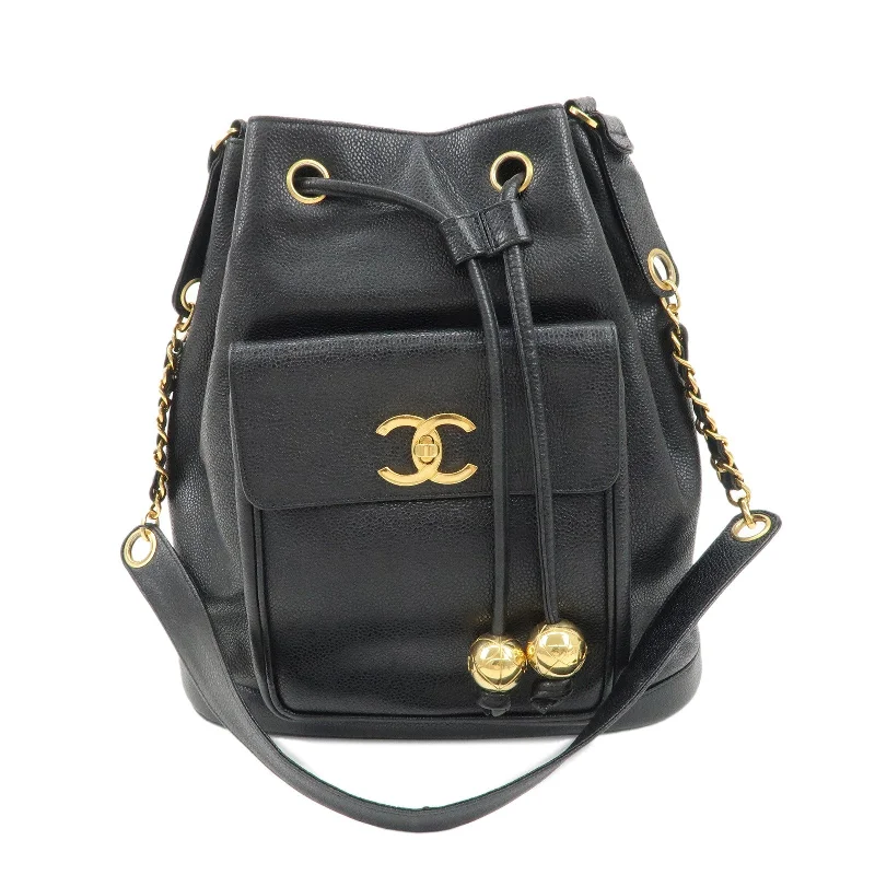 CHANEL Caviar Skin Coco Mark Shoulder Bag Black Gold HDW