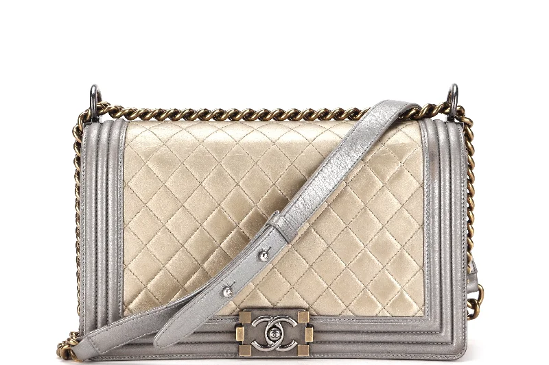 CHANEL LE BOY (1961xxxx) NEW MEDIUM GOLD SILVER METALLIC CALFSKIN RUTHENIUM HARDWARE, WITH CARD, NO DUST COVER