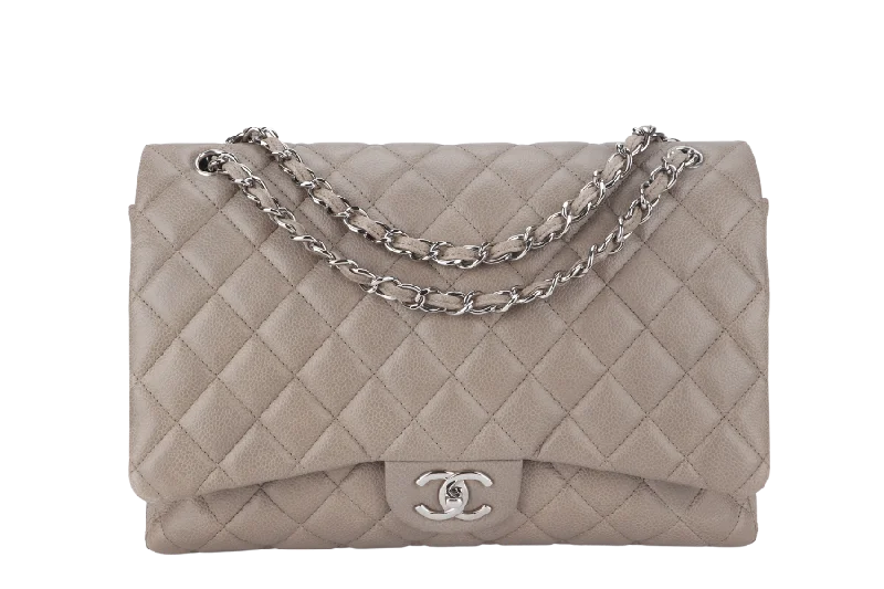 CHANEL CLASSIC DOUBLE FLAP MAXI (1444xxxx) BROWN CAVIAR LEATHER SILVER HARDWARE WITH CARD AND DUST COVER