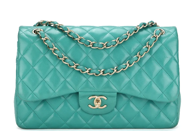 CHANEL DOUBLE FLAP BAG (1798xxxx) JUMBO GREEN LAMBSKIN LEATHER GOLD HARDWARE, WITH DUST COVER, NO CARD