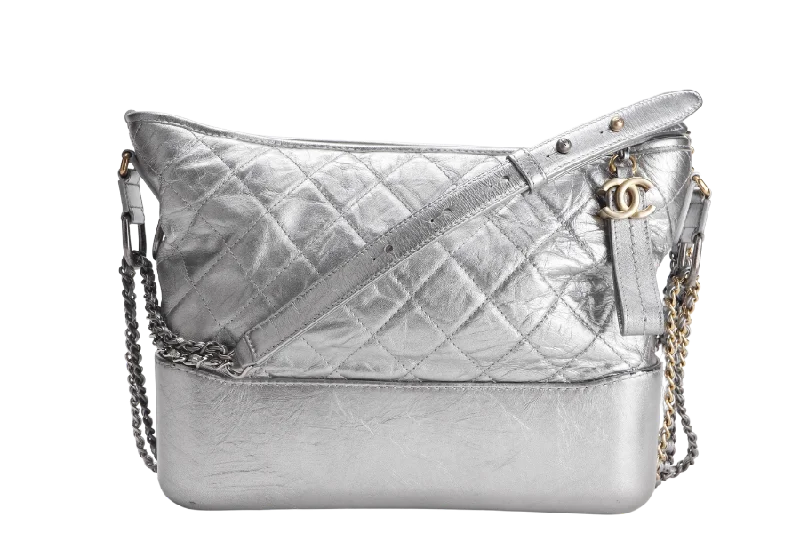 CHANEL GABRIELLE MEDIUM METALLIC SILVER CALFSKIN MIXED HARDWARE (2417xxxx) WITH CARD , DUST COVER AND BOX