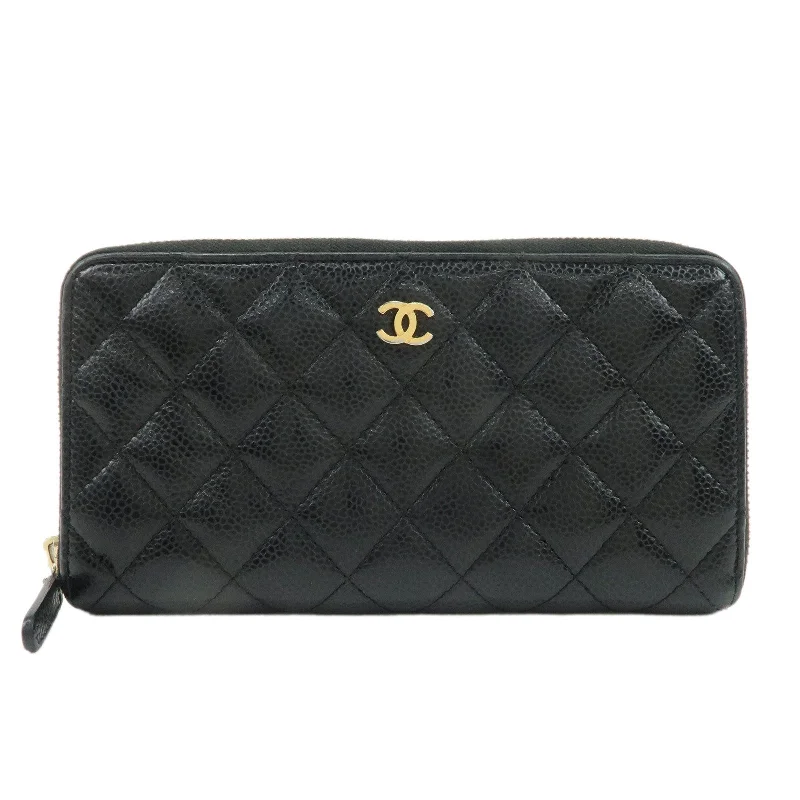 CHANEL Matelasse Cavier Skin Coco Mark Zippy Round Wallet Black