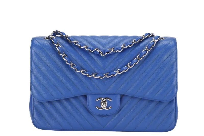 CHANEL CLASSIC DOUBLE FLAP (2247xxxx) JUMBO BLUE CHEVRON CAVIAR LEATHER SILVER HARDWARE, WITH DUST COVER