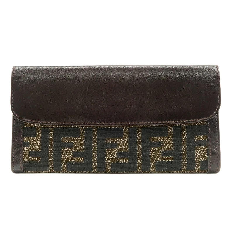 FENDI Zucca Canvas Leather W Hook Long Wallet Brown 1339