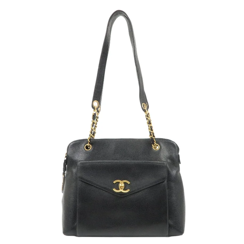 CHANEL Caviar Skin Chain Tote Bag Shoulder Black Gold HDW