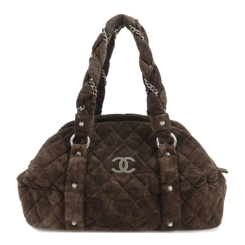 CHANEL Matelasse Suede Boston Bag Brown Silver Hardware