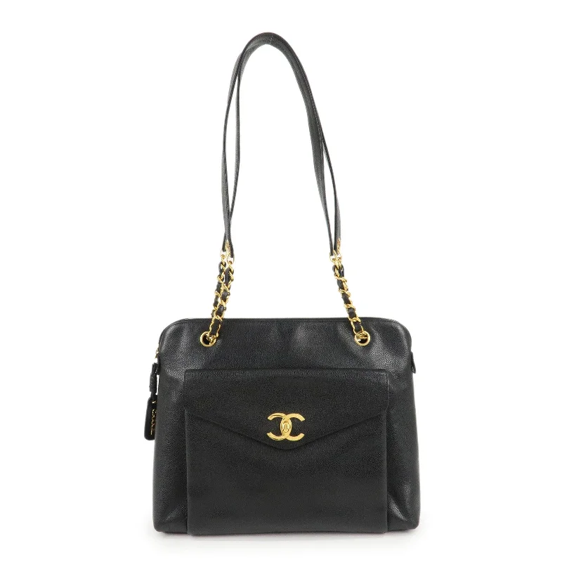 CHANEL COCO Mark Caviar Skin Chain Tote Bag Black Gold