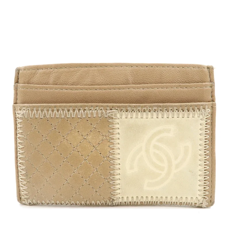 CHANEL Leather Icon Patch Work Card Case Beige