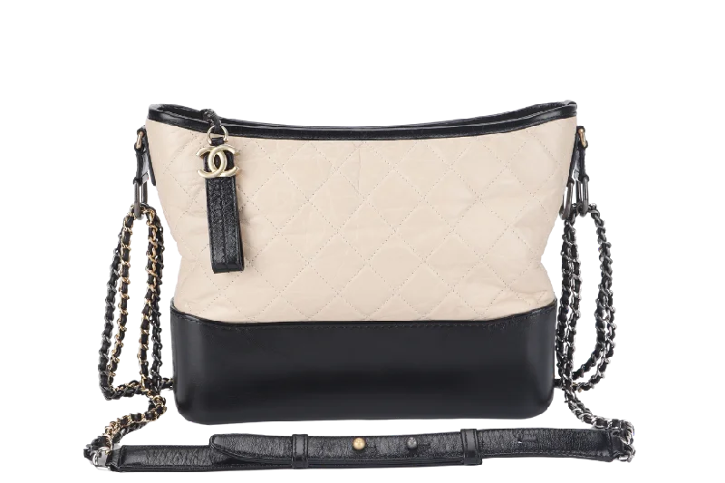 CHANEL GABRIELLE MEDIUM (254xxxx) BEIGE BLACK AGED CALFSKIN GOLD TONE/SILVER TONE & RUTHENIUM HARDWARE WITH DUST COVER