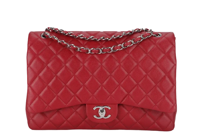 CHANEL CLASSIC FLAP MAXI (1442xxxx) RED CAVIAR LEATHER SILVER HARDWARE WITH CARD