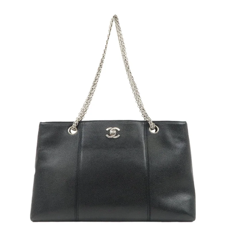 CHANEL Caviar Skin Chain Tote Bag Shoulder Black Silver HDW