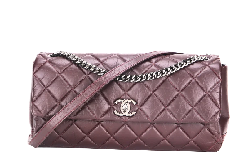 CHANEL LADY PEARLY FLAP (1690xxxx) BURGUNDY DISTRESSED LEATHER SILVER HARDWARE WITH CARD, DUST COVER & BOX